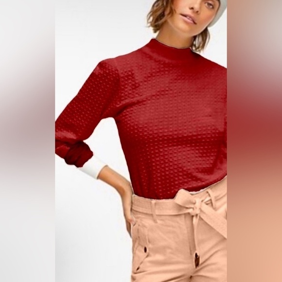 J.Crew | Pointelle Textured Mockneck Puffed-Sleeve T-shirt Burgundy Size Small - Picture 1 of 8